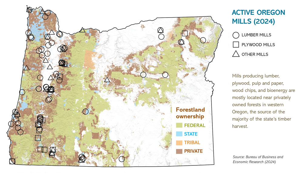 This map indicates the location of active wood product mills in Oregon.